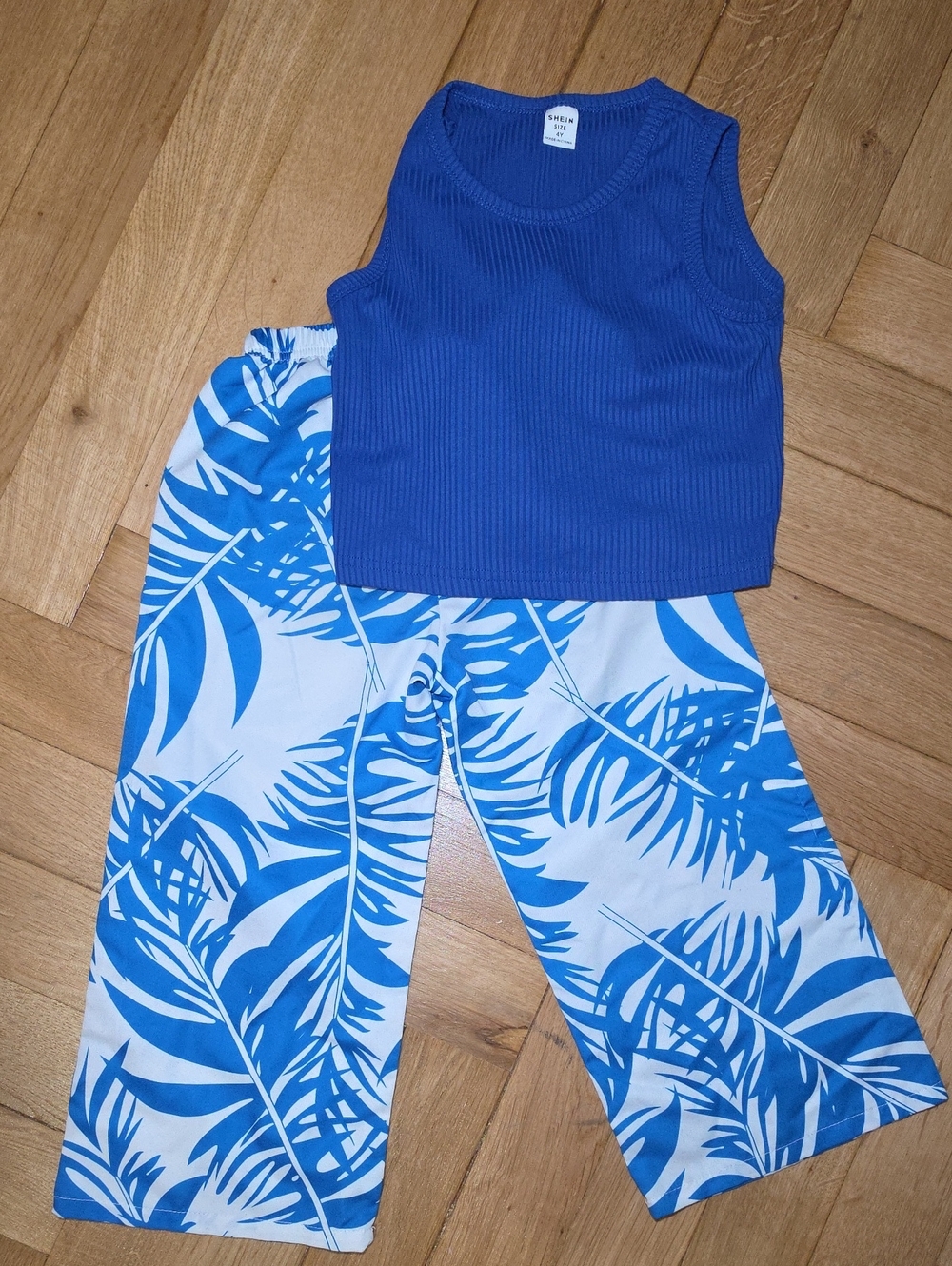 SHEIN Blue Ribbed Tank and White Pants with Blue Tropical Print Pajama Set